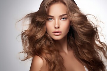 Fototapeta premium Closeup view of the face of a beautiful woman with long, wavy and shiny hair. Fashion, cosmetics and make-up.