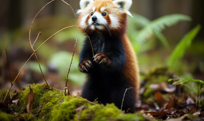 Adorable red panda standing upright in a lush forest, with mossy ground, showing curiosity and...