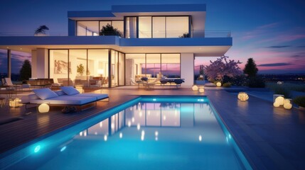 Contemporary house with swimming pool in front of the house, twilight atmosphere, bright lights throughout the house. - obrazy, fototapety, plakaty