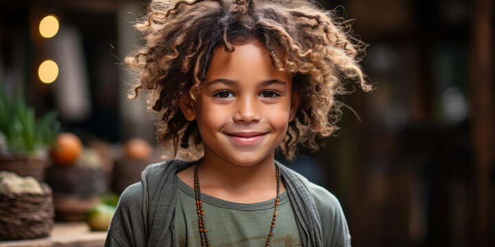 Portrait of a Confident Young Boy with Dreadlocks Wearing Olive Green Shirt, Warm and Friendly Smile