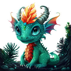 Little green dragon sitting on a branch - 697333944