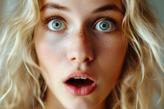 Blonde Bombshell Surprise: Ultra-Close-Up of a Shocked Mixed-Race Woman with Stunning Blonde Hair