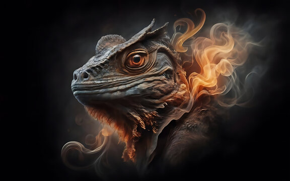 an ethereal and mesmerizing image of an Frilled Neck Lizard Embrace the styles of illustration, dark fantasy, and cinematic mystery the elusive nature of smoke