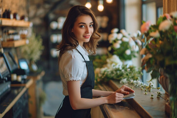 beautiful young flower shop seller stands behind the counter at the cash register and looks at the camera - obrazy, fototapety, plakaty