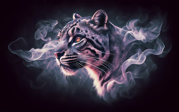 an ethereal and mesmerizing image of an Clouded Leopard Embrace the styles of illustration, dark fantasy, and cinematic mystery the elusive nature of smoke