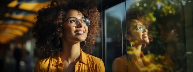 Obraz premium Woman in yellow with afro hair standing in office