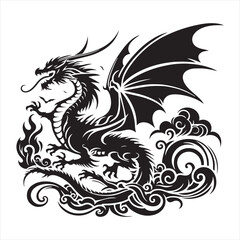 Fiery Breath and Dragon Magic, Shadowed Against a Celestial Canvas - Silhouette of Flying Dragon
