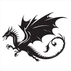 Enigmatic Creature, Darkened Wings Spread Wide in the Twilight Hour - Flying Dragon Silhouette
