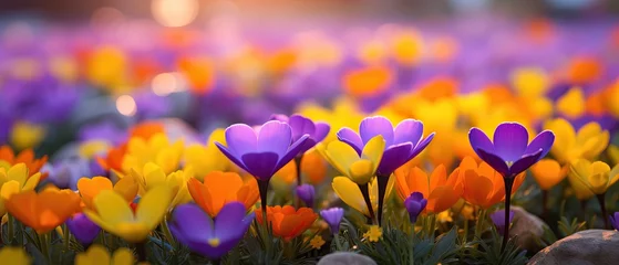Foto op Plexiglas close up full blooming crocus flower filed, bright vibrant spring flower background, Generative Ai © QuietWord