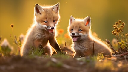 Baby foxes with beige fur are battling against each other in a grassy area. - obrazy, fototapety, plakaty