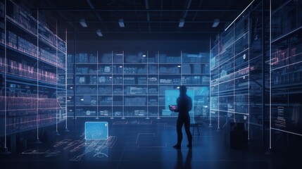 Futuristic Technology Retail Warehouse Worker Doing Inventory Walks when Digitalization Process Analyzes Goods, Cardboard Boxes, Products with Delivery Infographics in Logistics, Distribution Cente