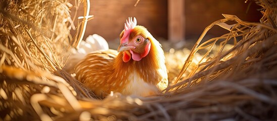 A hen hatches eggs in a nest of straw in a sunny henhouse.
