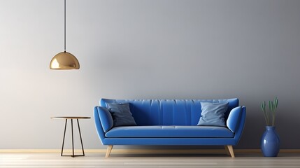 In this living room, there is a blue sofa and a lamp with gold leaf on it.