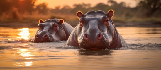 Two hippos in a watering hole in Kruger National Park, South Africa. - obrazy, fototapety, plakaty