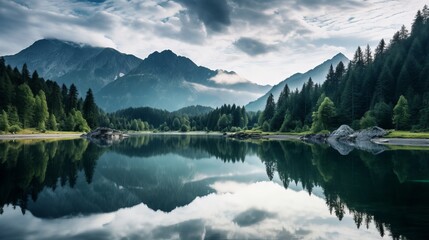 The background of a lake with mountains and trees is beautifully captured in a panoramic shot. - obrazy, fototapety, plakaty