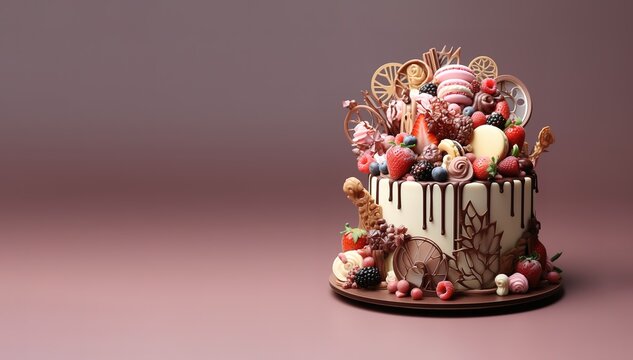 A cream colored birthday cake topped with various kinds of chocolate