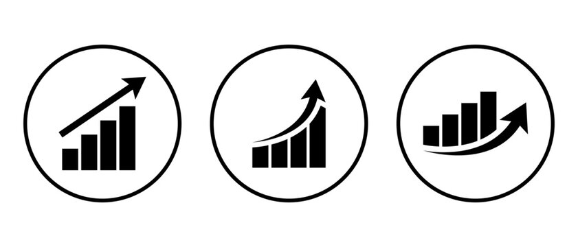 Growing bar graph icon on circle line. Rising arrow symbol vector