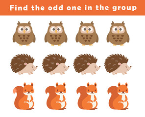 Find the odd one out for toddlers. Spot the difference for kids. Educational quiz worksheet with cute squirrel, owl and hedgehog illustration. Logical activity for children.