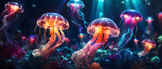 Glowing jellyfish in dark water variant two. - obrazy, fototapety, plakaty