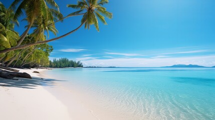 The island is surrounded by coconut palm trees, making it a beautiful paradise island with a beach and sea.