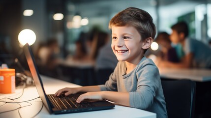 Happy caucasian male child coding on a computer in a modern classroom setting