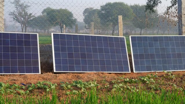 Neatly arranged solar panels in countryside India. Row of solar panels on a foggy day. Pictures of a solar farm