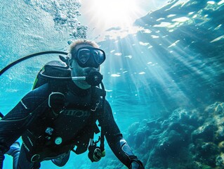 Fototapeta na wymiar Male scuba diver in the sea underwater