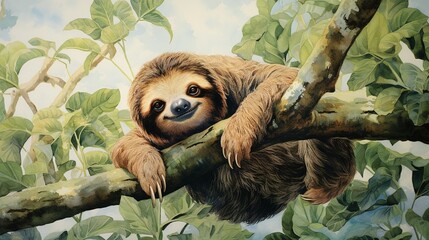 A chilled-out sloth leisurely climbing a tree in a tropical rainforest.