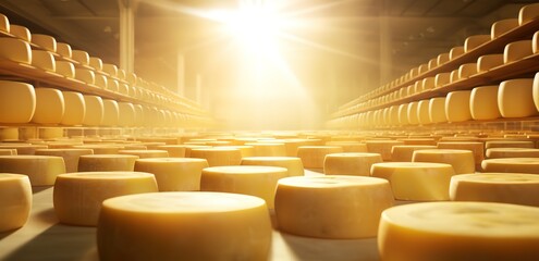 the process of making parmesan cheese in a factory. piles of expensive parmesan cheese in a cheese factory. generative AI - obrazy, fototapety, plakaty