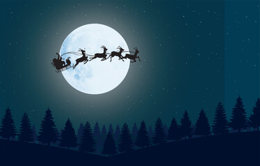 Santa claus with sleigh reindeer silhouette big full moon