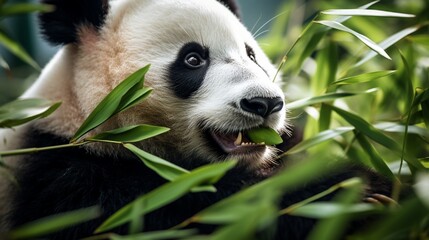 A close-up of a panda's adorable face as it munches on bamboo leaves.