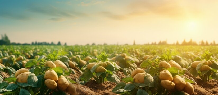Sweet potato field with rows of plants, filtered image.