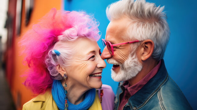 Hispanic Older Couple Dating On Valentine's Day. Woman With Pink Hair With Iroquois And Gray Haired Man With Grey Beard Laughing And Hugging. An Elderly Couple Walks In An Embrace Along A City Street