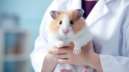A chubby hamster is being held by a veterinarian in an animal hospital veterinary. A close-up realistic picture of an exotic pet. - obrazy, fototapety, plakaty