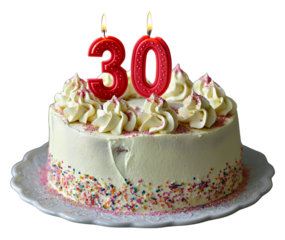 Birthday cake with the number 30 in the form of burning candles. A modern 30th birthday cake. Cream cake with confetti. Isolated on a transparent background.