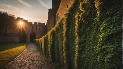 Green hedge with grass on side of a brick wall of an old castle at sunset from Generative AI