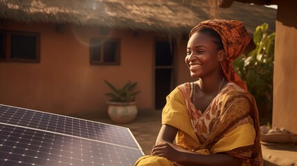 Woman sitting on a bench outside her house with solar panels. Africa. Renewable energy