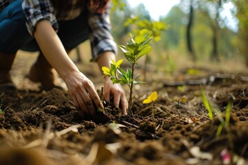 A woman plants a sapling in the ground. There is no face in the photo, only hands, a close-up view. Free space. The concept of caring for nature, landscaping - obrazy, fototapety, plakaty