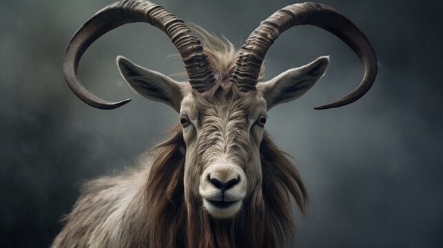 A detailed view of a markhor's horns and facial markings, creating a powerful and evocative image.