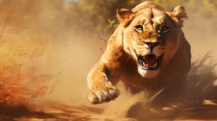 A digital painting capturing the dynamic movement of a lioness chasing prey.