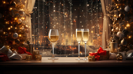 Fototapeta na wymiar Festive window scene, champagne flutes, illuminated Christmas trees, wrapped presents, glittering city backdrop, candles, golden ambiance