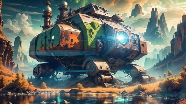 Fantasy sci-fi abandoned robot. Junk wreck transport robot with rusty and mossy. Loop animation video wallpaper background.