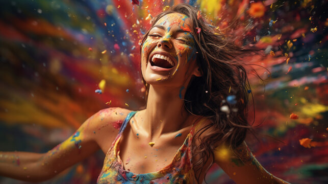 Young woman is funning with colorful world