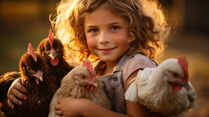 A close-up of a goat and chickens standing in front of a girl. - Powered by Adobe