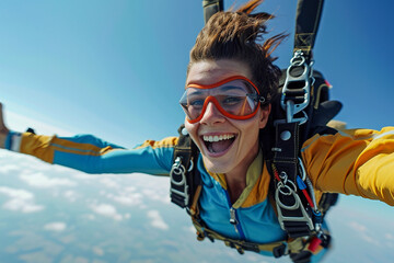 Young woman has fun skydiving in the sky - obrazy, fototapety, plakaty