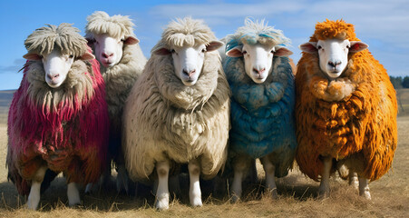 group of sheep and colored fleeces, ai generated.