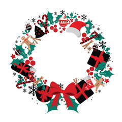 Decorative Vector Flat Design Christmas Wreath Christmas Wreath Template Isolated on White Background New Year Wreath with Christmas decorations. Holiday entrance, door, shops and markets decoration.