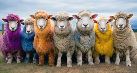 Naklejka premium group of sheep and colored fleeces, ai generated.