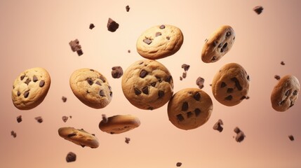 Chocolate chip cookies flying in the air