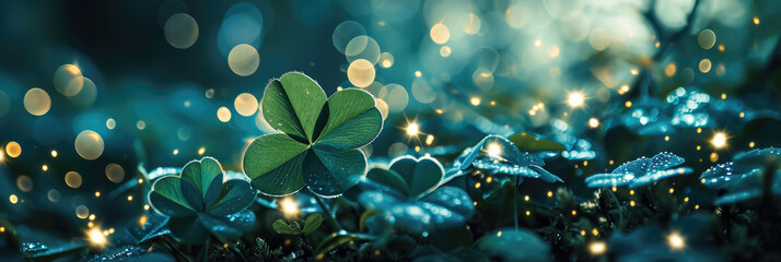 St. Patrick's day banner with clover leaves and bokeh. Banner 3:1 - obrazy, fototapety, plakaty